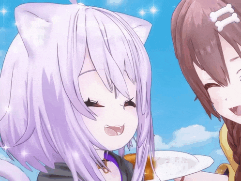 a close up of two anime girls with a plate of food
