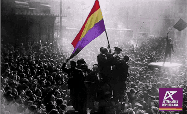 a black and white photo of a crowd holding a flag with a purple x above it that says alternativa republicana