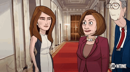 a cartoon of three women standing in a hallway with showtime written on the bottom right
