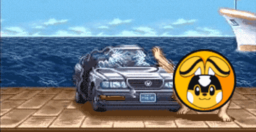 a video game scene with a car and a smiley face in front of it