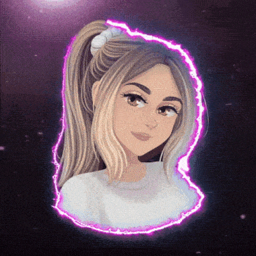 a cartoon drawing of a girl with a ponytail and a purple background