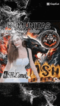 a woman in a white dress stands in front of a wolf with the words komunitas written on it