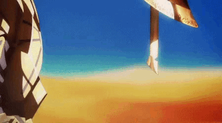 a painting of a person standing in the desert with a sword in the background .