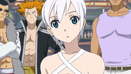 a girl with white hair and blue eyes is standing in front of a group of men