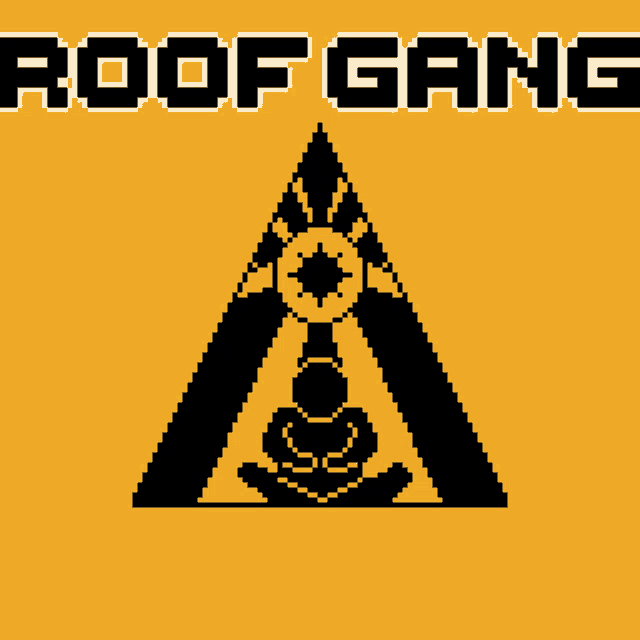 a pixel art logo for the roof gang with a yellow background