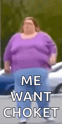 a very fat woman in a purple shirt is standing in front of a car and says me want choket