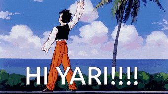 a cartoon of a man standing in front of a palm tree with the words hiyari !!! above him