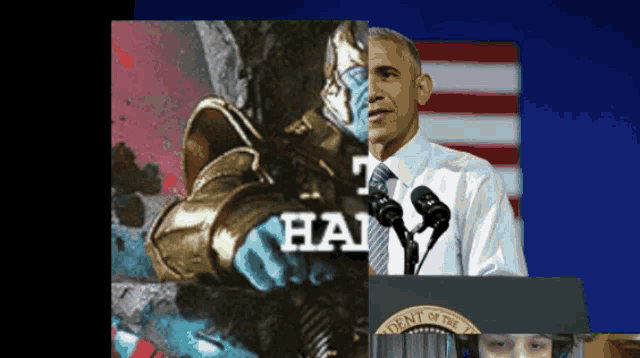 a man in a suit and tie stands in front of a microphone with the word " hail " written on it