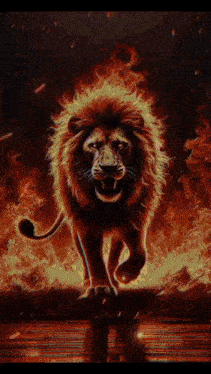 a lion is walking through a field of fire .