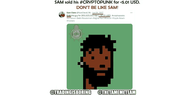 a screenshot of a tweet that says sam sold his #cryptopunk for < $ .01 usd