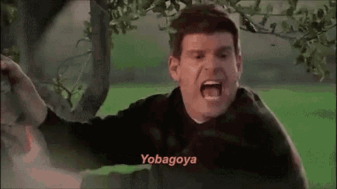 a man is screaming in front of a tree and the word yobagoya is on the bottom of his face .