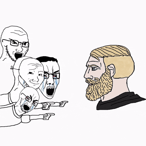 a drawing of a man with a beard and many faces pointing to him