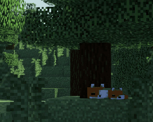 two foxes are laying under a tree in a minecraft game