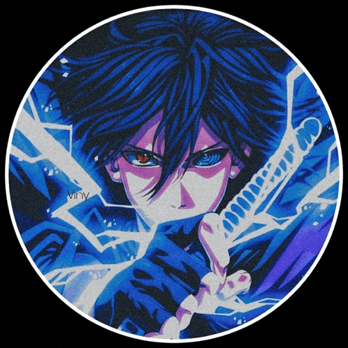 a drawing of a boy with blue hair holding a sword in a circle with the word vinny on the bottom