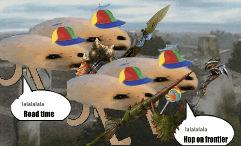 a bunch of monsters with speech bubbles that say lalalalala road time lalalalala hop on frontier