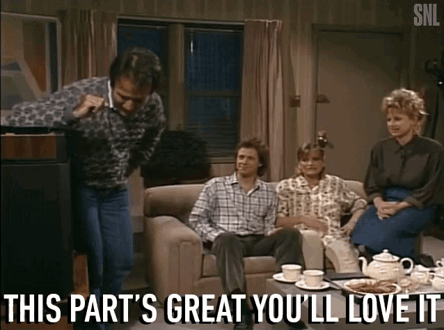 a group of people sitting on a couch with the caption " this part 's great you 'll love it " on the bottom