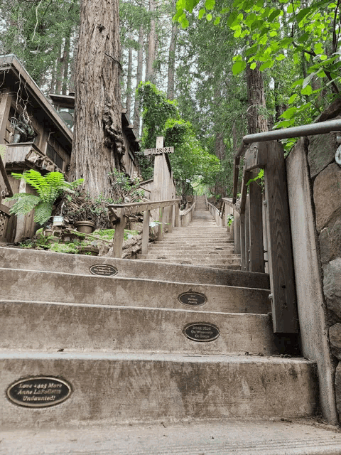a set of stairs leading up to a house with a sign that says ' a few steps more '