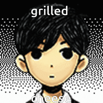 a cartoon of a boy with the words grilled cheese above him