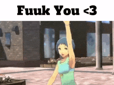a cartoon girl is standing in front of a building with her arm in the air and the words fuuk you < 3 above her .