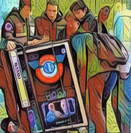 a painting of a group of people looking at a boom box