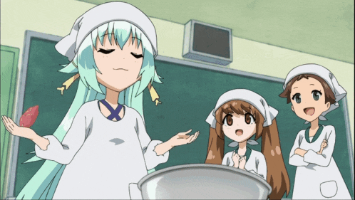 a group of anime characters are standing around a large pot