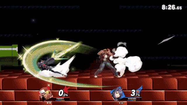 a screenshot of a video game with terry and hikari fighting each other