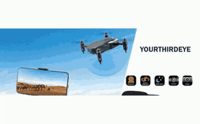 a drone with a camera attached to it is flying in the sky next to a cell phone .