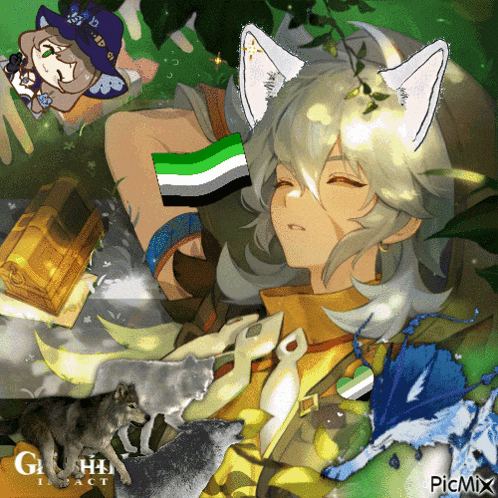 a drawing of a girl with a wolf ear and a green and white flag on her arm