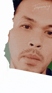 a close up of a man 's face with the words my step on january above him