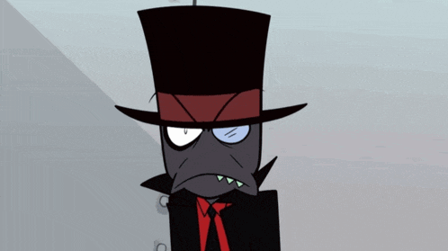 a cartoon character is wearing a black top hat and a red tie