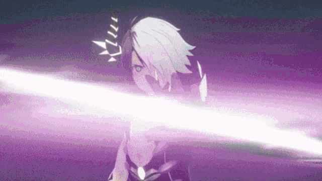 a girl with white hair is holding a sword in a purple lightning storm .