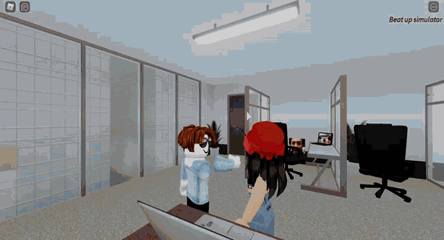 a girl in a red hat is standing next to a girl in a blue shirt in a room that says beat up simulator