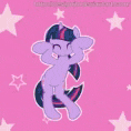 a white pony with a purple mane and tail is standing on a pink background with stars .