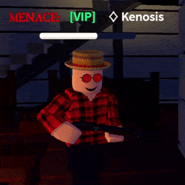 a man in a plaid shirt is holding a gun in a video game called menace