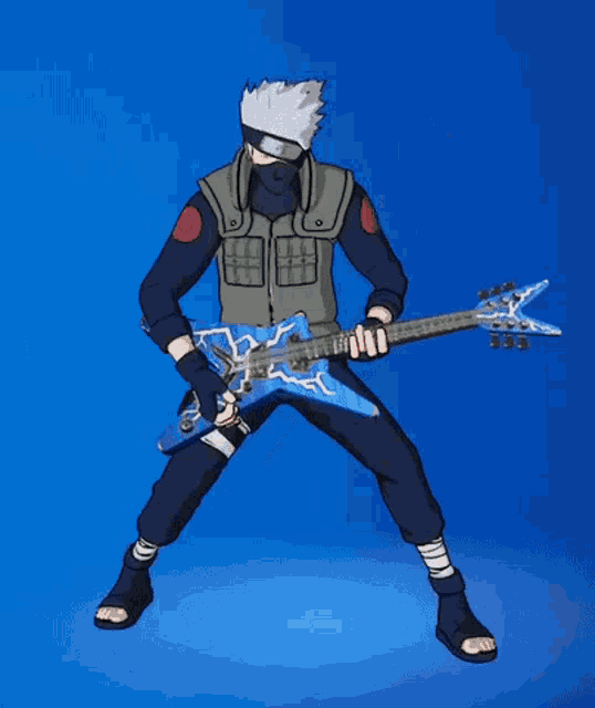 a cartoon character is holding a guitar that looks like a jet