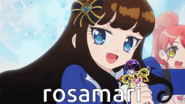 a girl with long hair is holding a microphone and the word rosamari is on the bottom