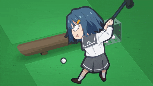 a cartoon girl with blue hair is holding a sword
