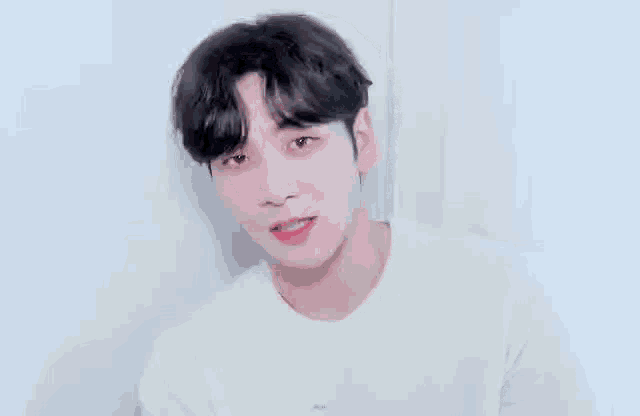 a young man wearing a white shirt is standing in front of a white wall and smiling .