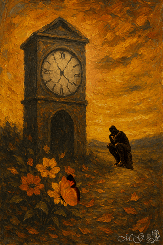 a painting of a man kneeling in front of a clock with the number 11 on the face