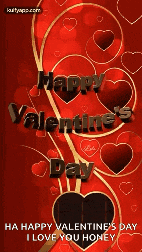 a happy valentine 's day greeting card with hearts on a red background .