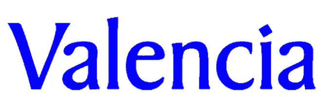 the word valencia is written in blue letters on a white background