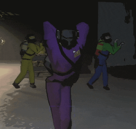 a man in a purple suit has a name tag on his back that says " scuba "