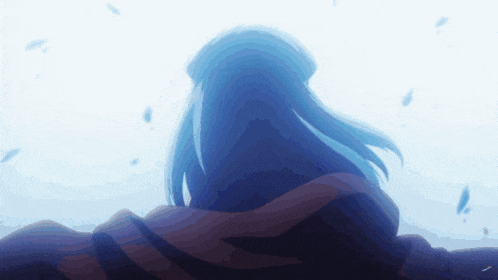 a drawing of a person with long blue hair and a blue sky
