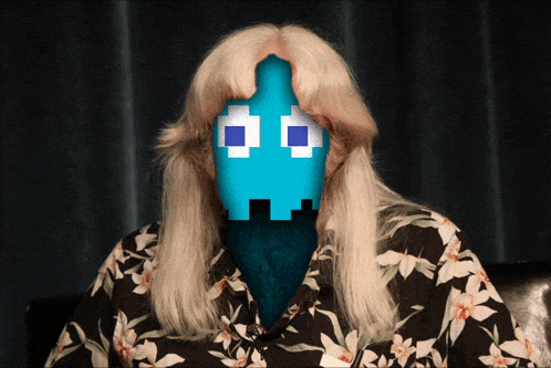 a woman in a floral shirt has a blue pixelated face on her face