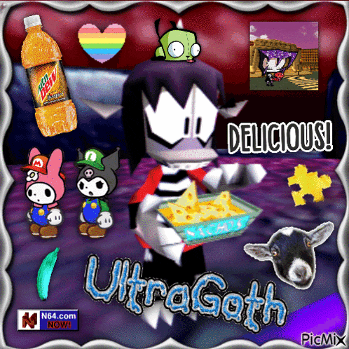 a picture of a cartoon character holding a casserole dish with the words " ultra goth " on it