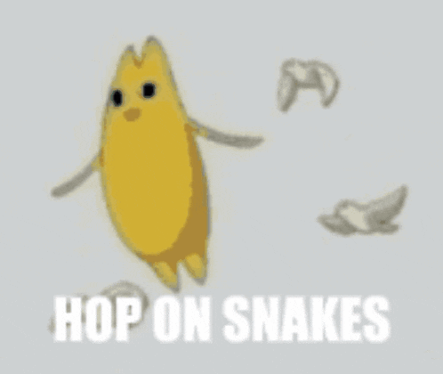a cartoon character with the words hop on snakes written below it