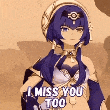 a cartoon girl with purple hair and a hat is standing in the desert and saying `` i miss you too '' .