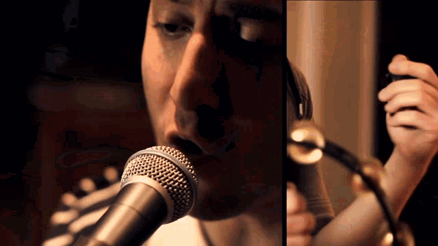 a close up of a person singing into a microphone and a close up of another person holding a microphone