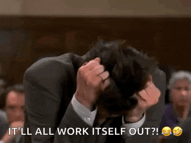 a man in a suit and tie is holding his head and saying it 'll all work itself out !