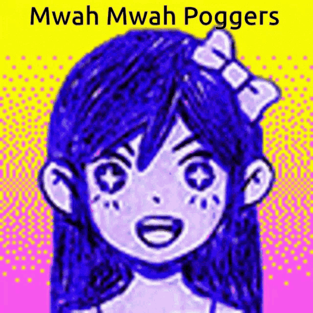 a drawing of a girl with a bow in her hair and the words " mwah mwah poggers " on the bottom